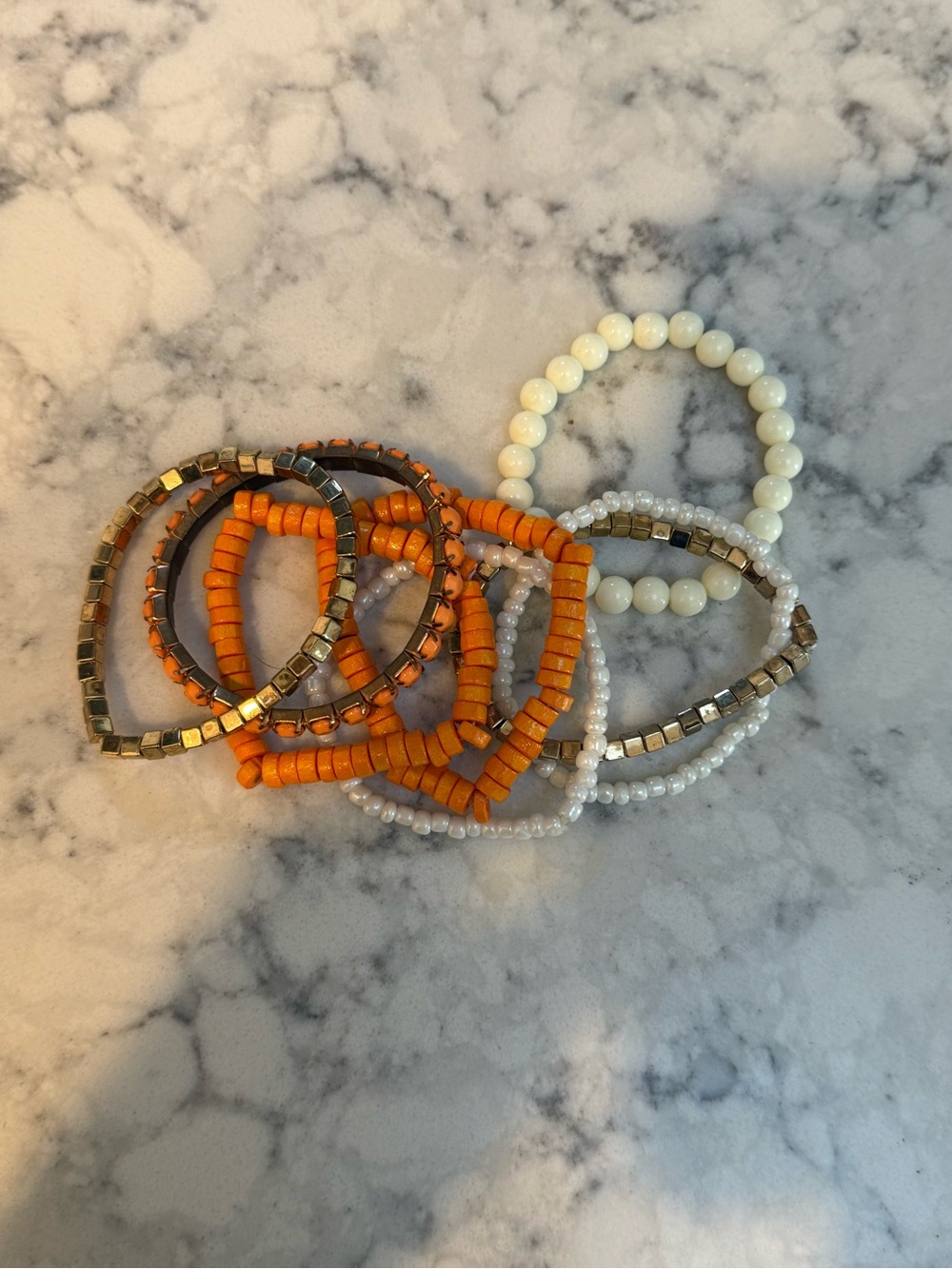 Stackable Orange and White Beaded Bracelet Set